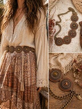 Chico's Aged Bronze Tone Medallion Disc Chain BOHO Hip Belt